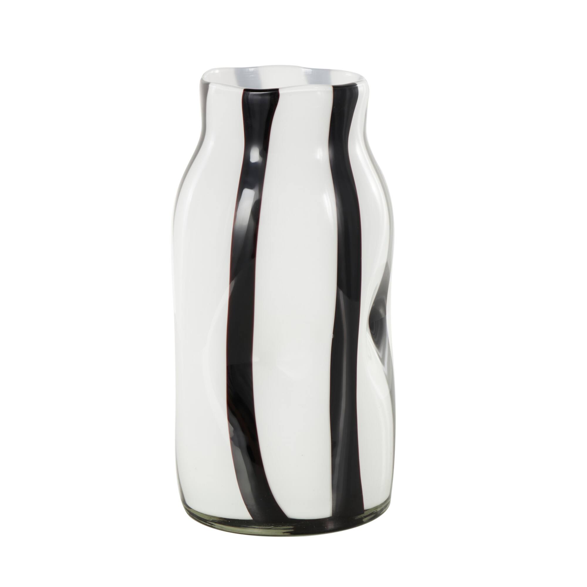 12" White & Black Stripes Round Concaved Glass Vase